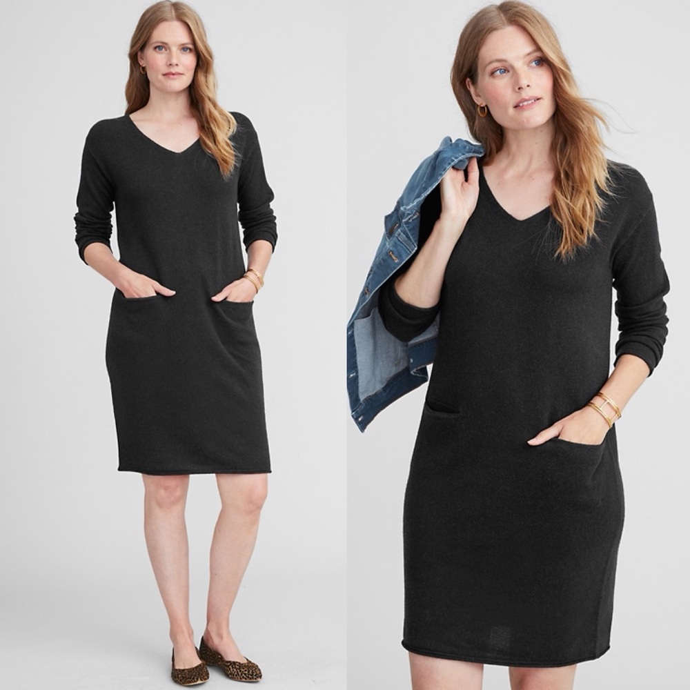 Garnet Hill Easy V-Neck Cashmere Dress in Black